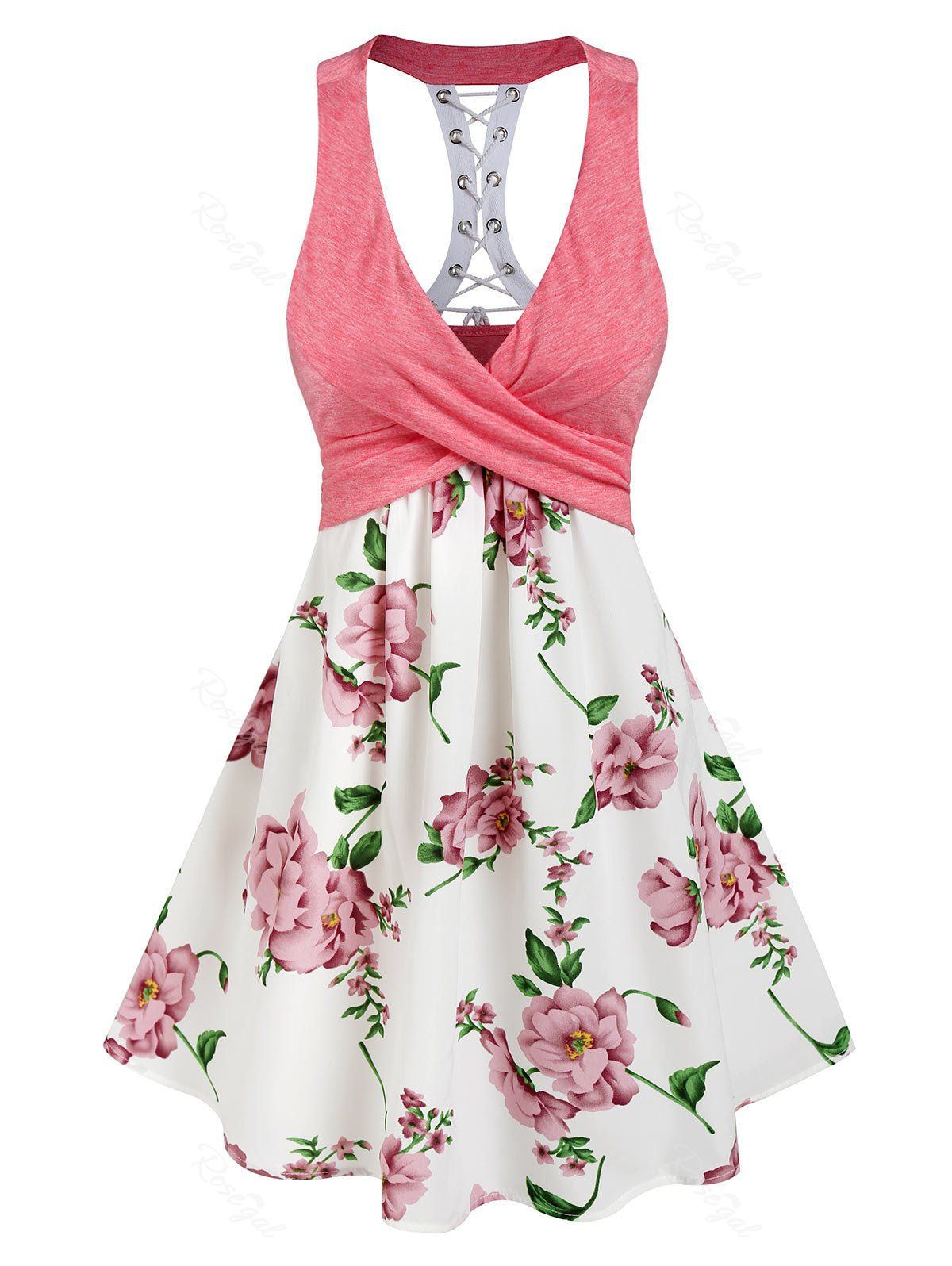 Latest Sleeveless Flower Print Lace-up Crossover Dress  
