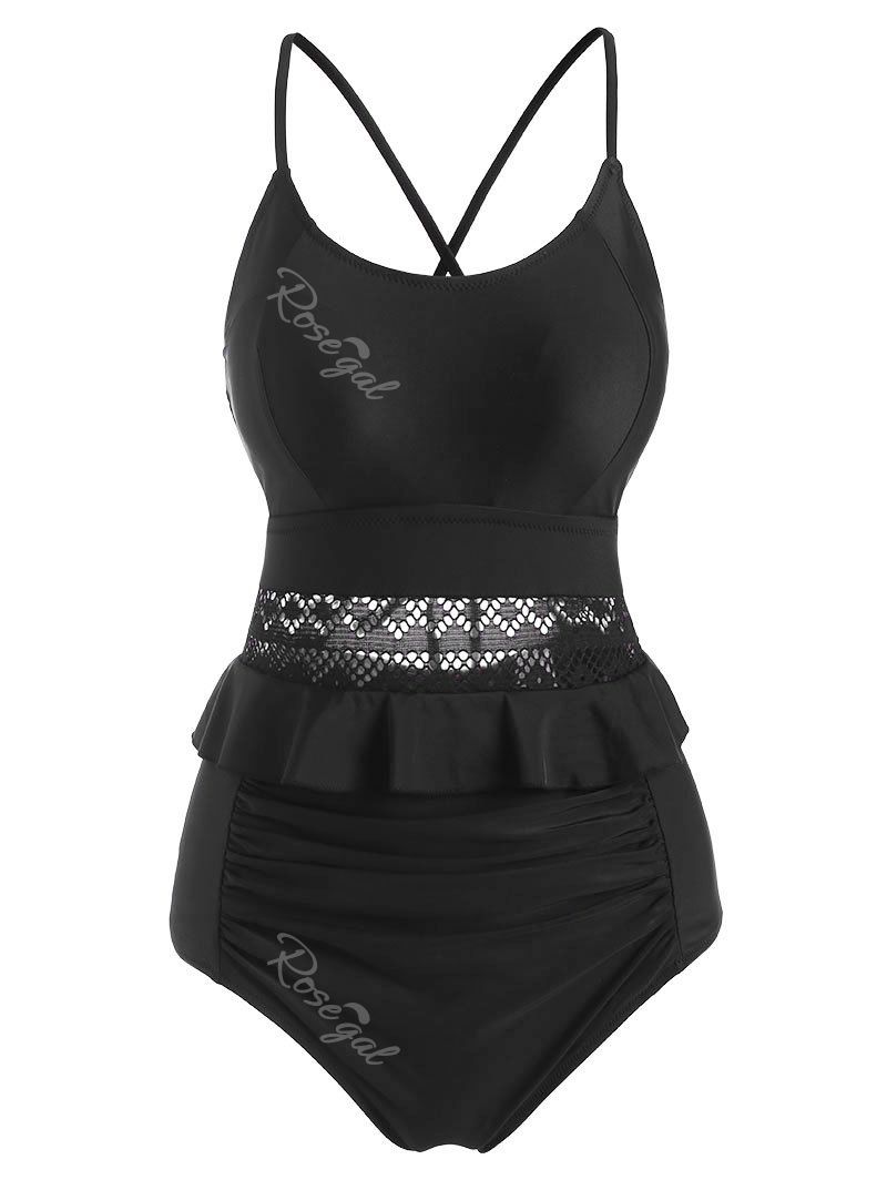 

Flounces Eyelet Ruched Lace Up One-piece Swimsuit, Black