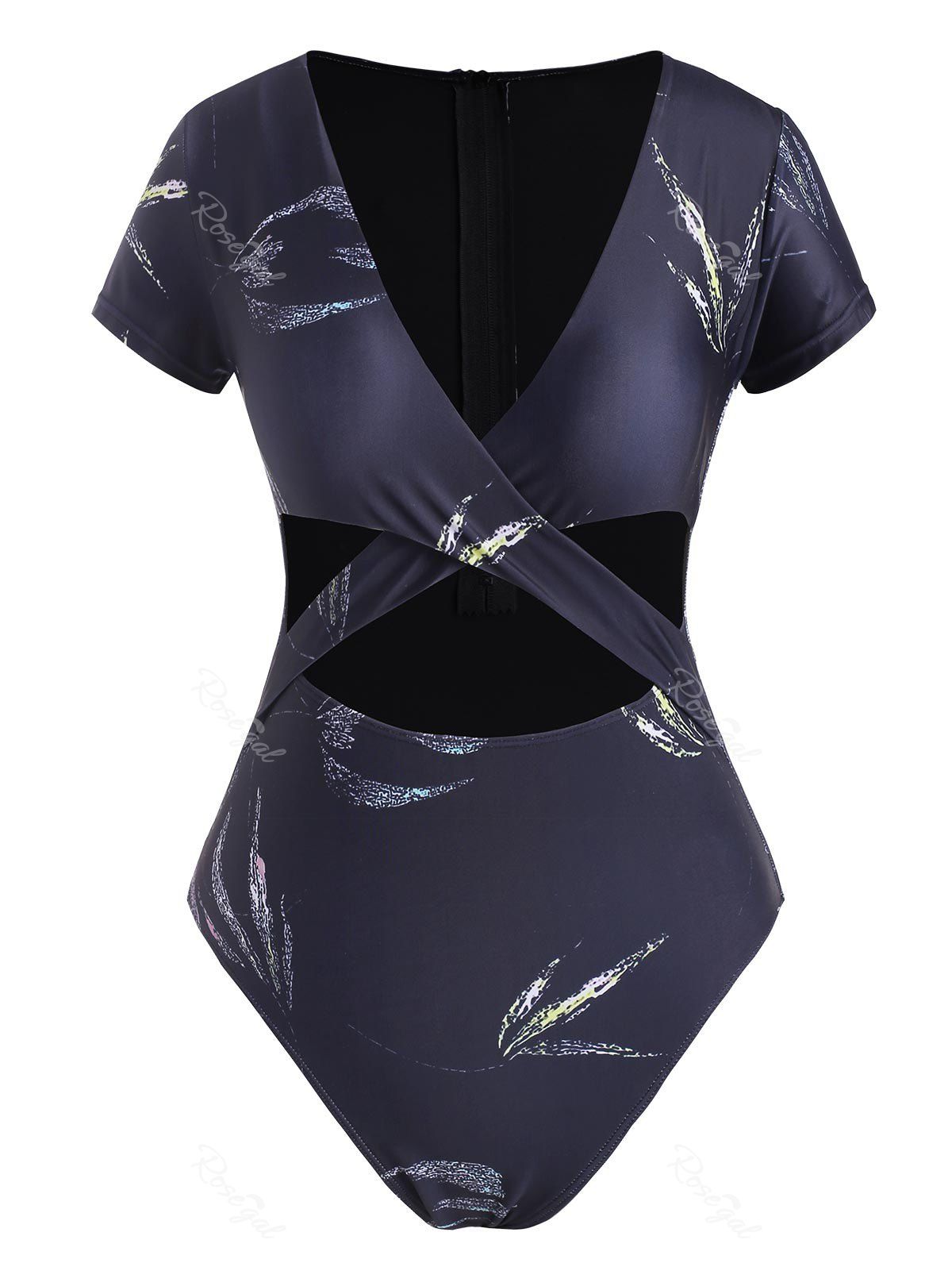 Affordable Leaf Print Criss Cross Cutout Plunging One-piece Swimsuit  