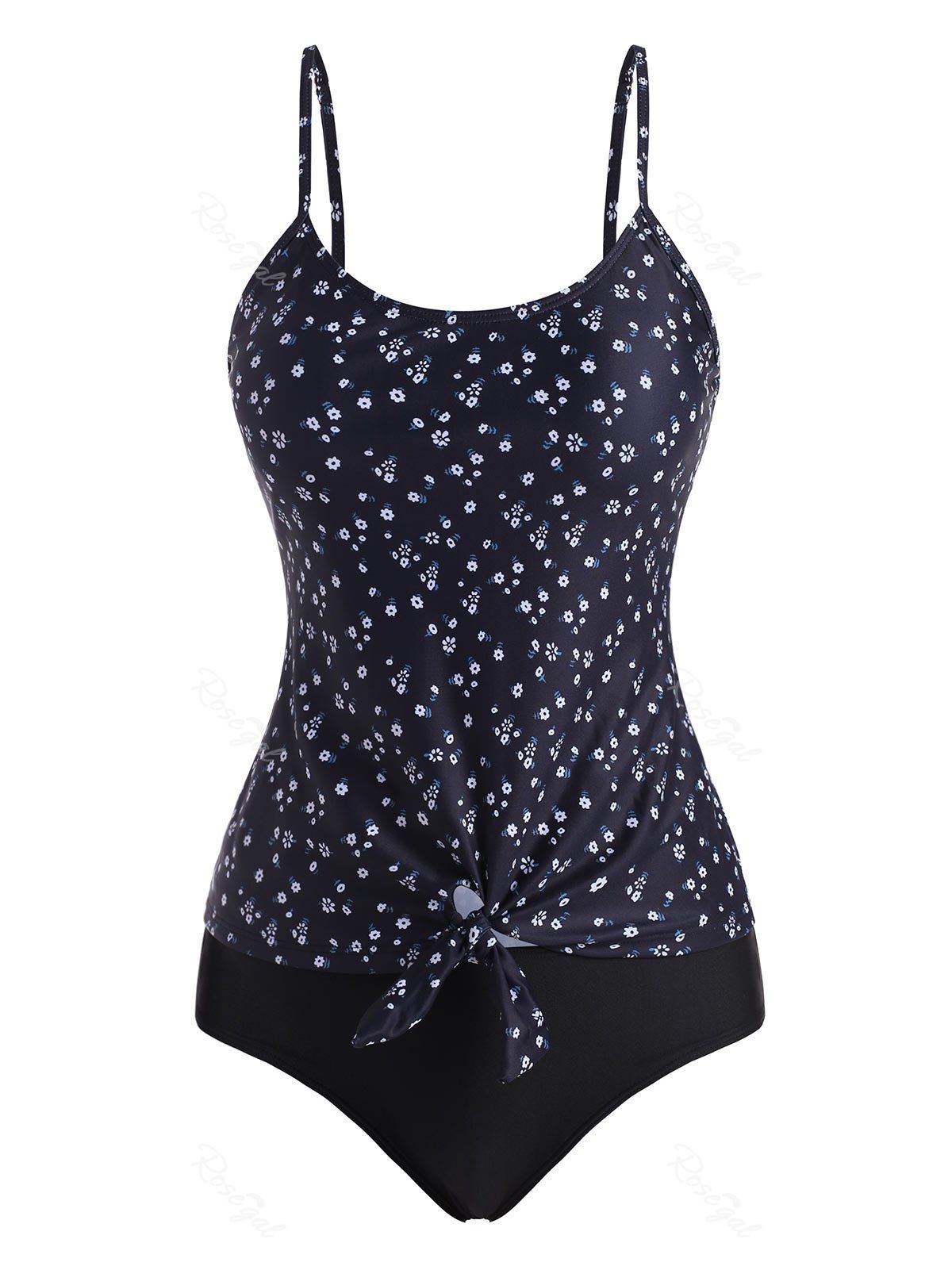 Maillot de Bain Tankini Noué Fleuri à Bretelle Noir M
