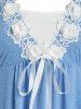 T-shirt Tunique Applique Fleur Noué à Ourlet Courbe de Grande Taille - Bleu clair 