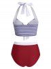 Maillot de Bain Tankini Noué Rayé Embelli de Bouton à Col Halter - Bleu profond L