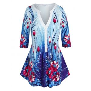 

Plus Size Floral Print Half Button Tee, Blue