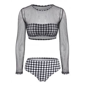 

Fishnet Checkered Bandeau Three Piece Bikini Swimwear, Black