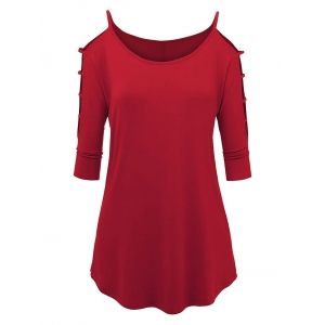 

Plus Size Ladder Cutout Open Shoulder Tunic Tee, Red
