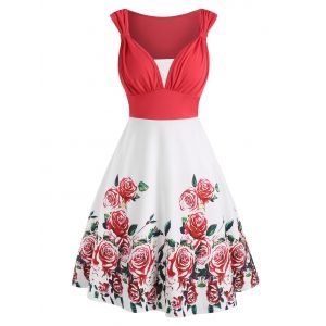 

Colorblock Flower Print Knotted Sleeveless Dress, Light pink