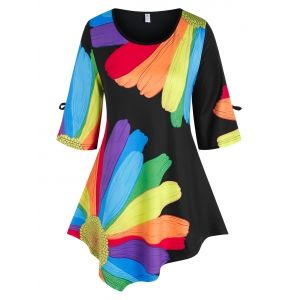 

Plus Size Irregular Rainbow Sunflower Print Tee, Black