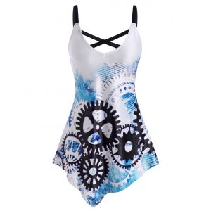 

Gear Print Criss Cross Asymmetrical Hem Tank Top, Black