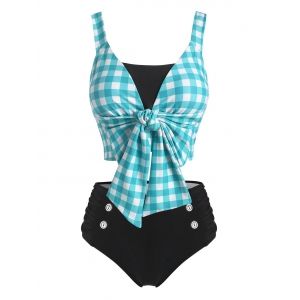 

Bowknot Gingham Mock Button Ruched Tankini Swimwear, Light blue