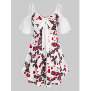 

Plus Size Heart Butterfly Cold Shoulder Round Hem Knot Tee, White