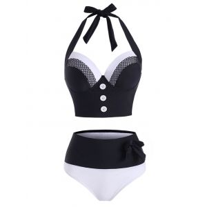 

Fishnet Insert Colorblock Halter Underwire Tankini Swimwear, Black