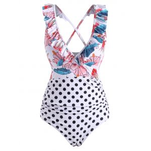 

Polka Dot Flower Ruffle Cross One-piece Swimsuit, White