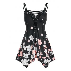 

Plus Size Flower Lace-up Handkerchief Dual Strap Cami Top, Black