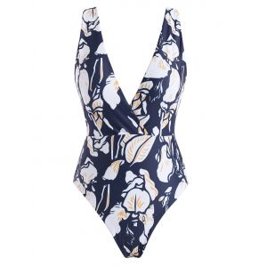 

Flower Print Plunging Backless One-piece Swimsuit, White