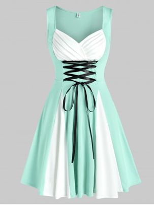 Two Tone Tie Waist Sleeveless Vintage Dress