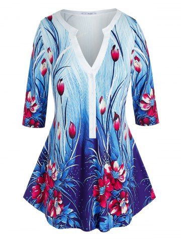 T-shirt Imprimé Fleuri à Demi-Bouton de Grande Taille - BLUE - 5X