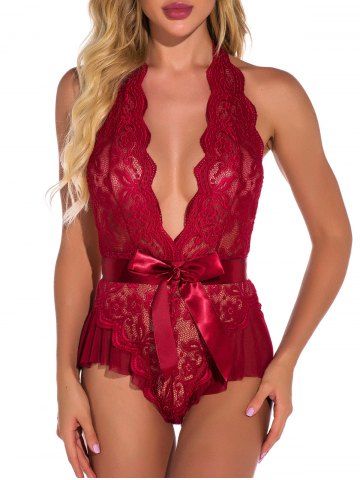 Halter Lace Bowknot Ribbon Tie Ruffle Teddy - RED - S