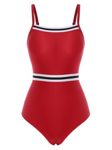 Striped Cutout Contrast One-piece Swimsuit - RED - M