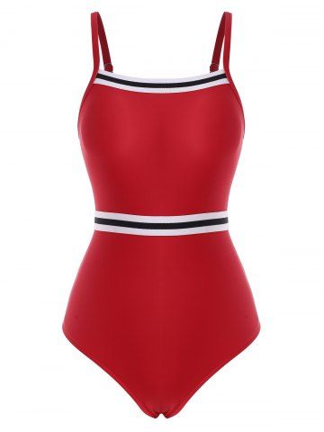 Striped Cutout Contrast One-piece Swimsuit - RED - L