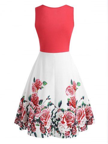 

Colorblock Flower Print Knotted Sleeveless Dress, Light pink