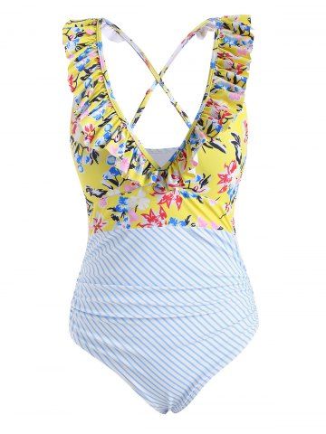 Striped Flower Leaf Ruffle One-piece Swimsuit - LIGHT BLUE - L