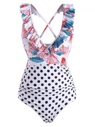 Polka Dot Flower Ruffle Cross One-piece Swimsuit - MULTI - S