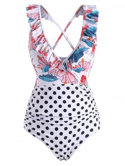 Polka Dot Flower Ruffle Cross One-piece Swimsuit - MULTI - M