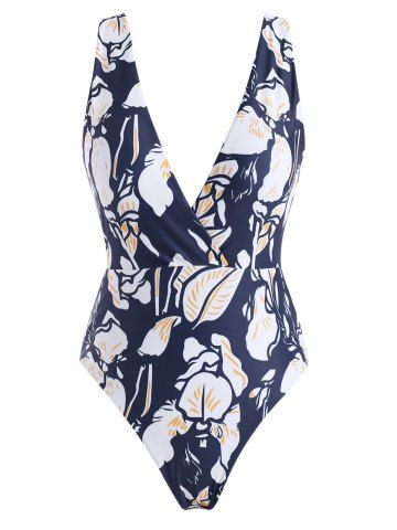 Flower Print Plunging Backless One-piece Swimsuit - MULTI - L