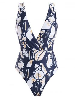 Flower Print Plunging Backless One-piece Swimsuit - MULTI - XL