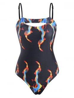 Cami Flame Print Cutout One-piece Swimsuit - BLACK - XL
