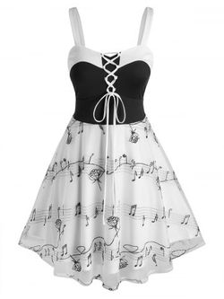 Plus Size Musical Notes Embroidery Lace Up Dress - WHITE - L