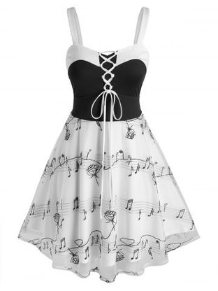 Plus Size Musical Notes Embroidery Lace Up Dress