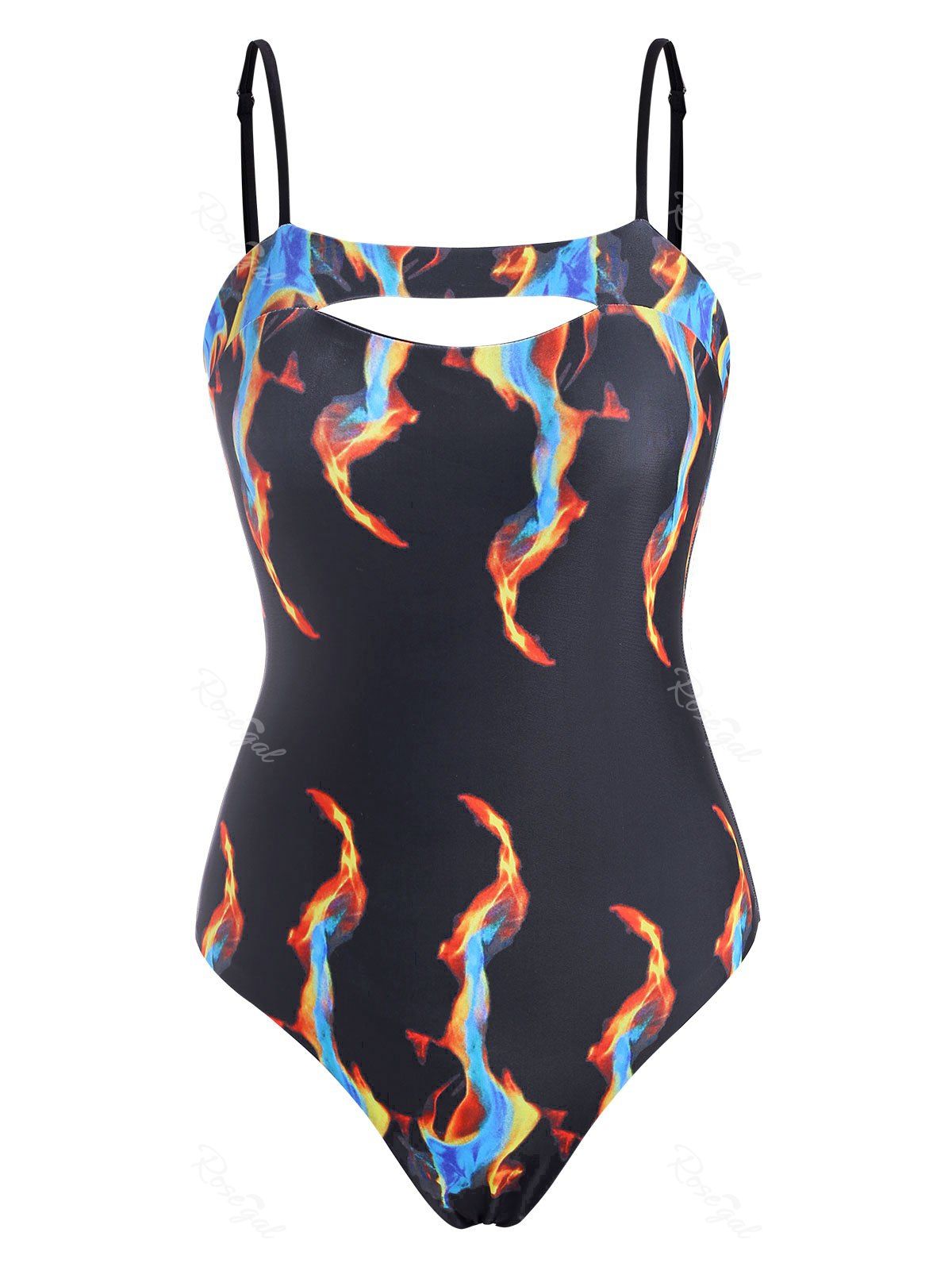 Maillot de Bain Découpé à Imprimé Flamme à Bretelle Une-Pièce Noir M