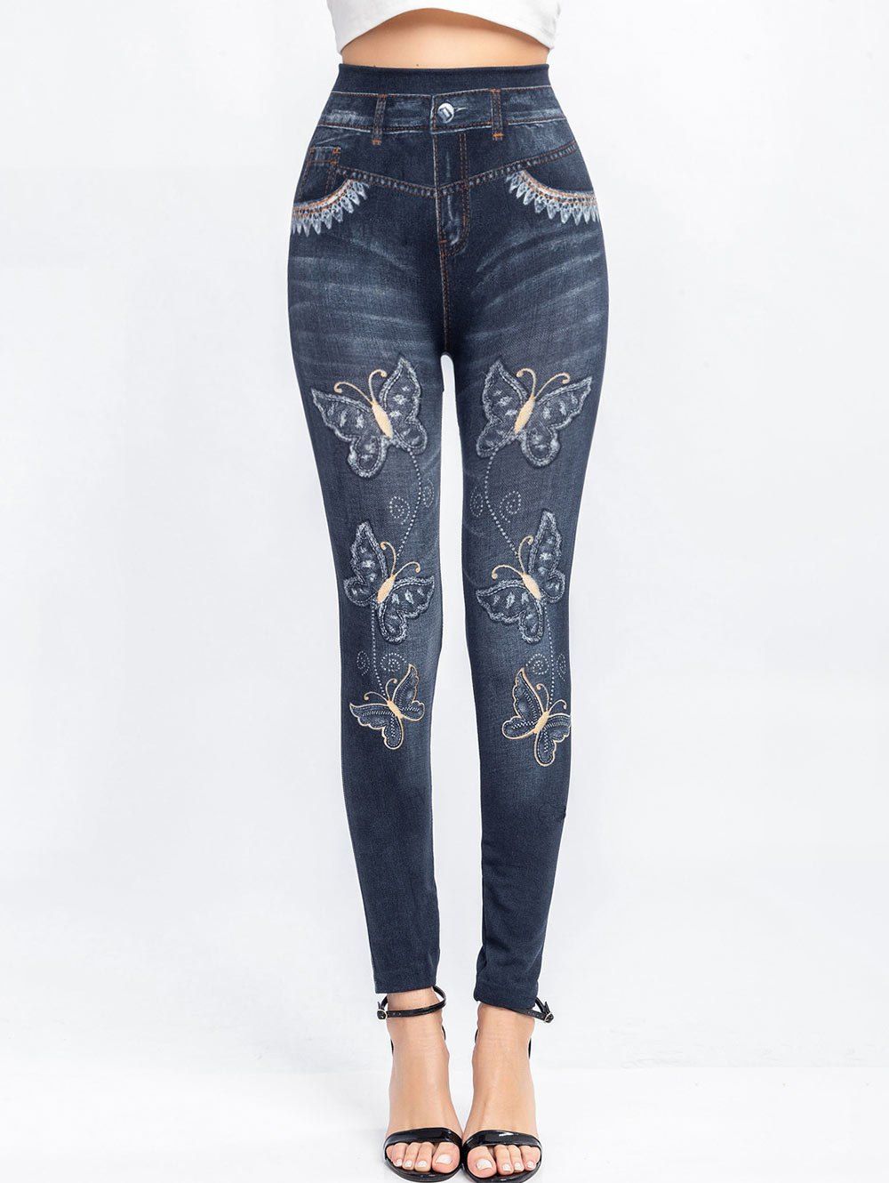 

High Waist Butterfly 3D Print Jeggings, Black