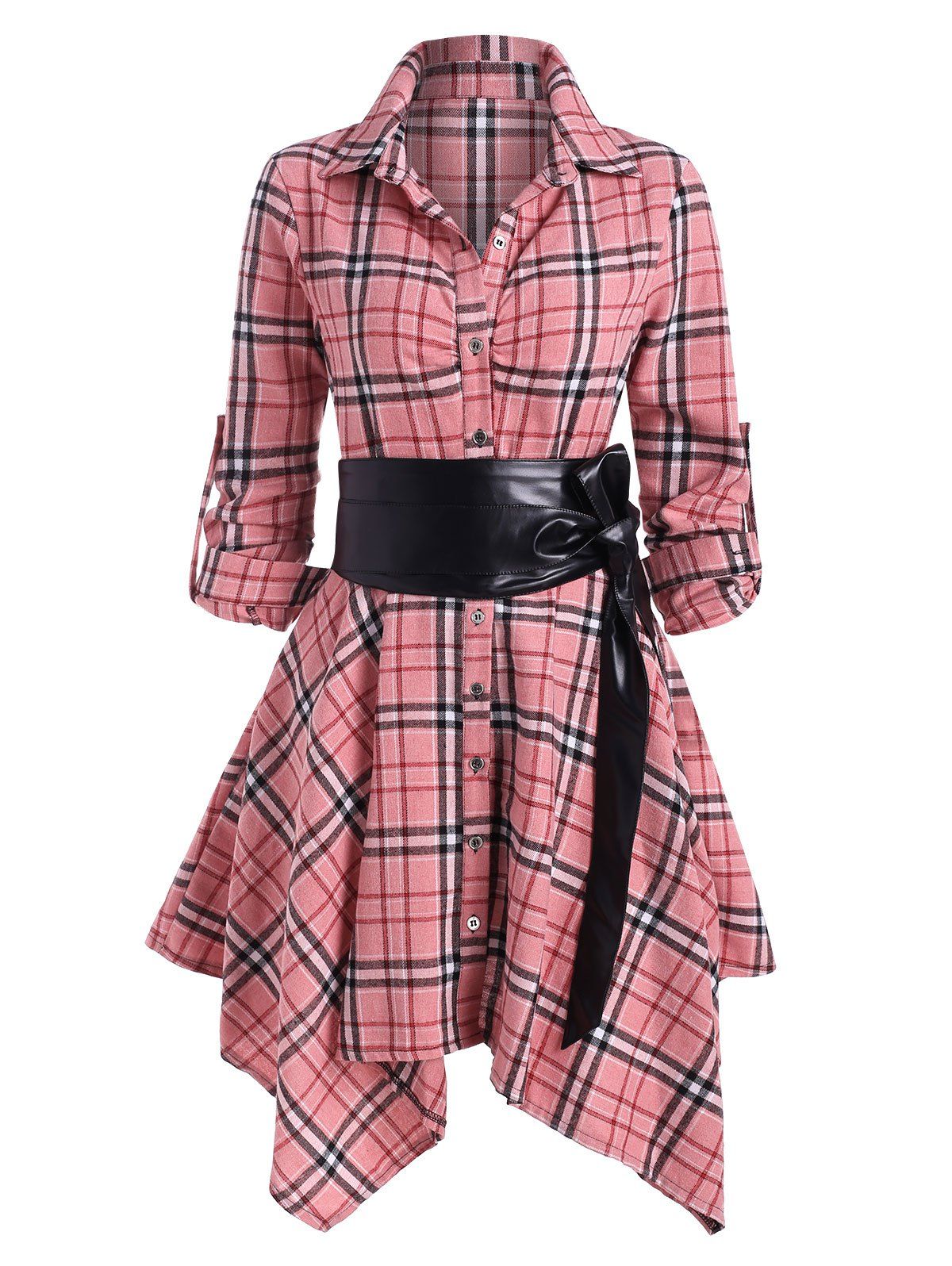 

Plaid Belted Roll Tab Sleeve Handkerchief Dress, Light pink