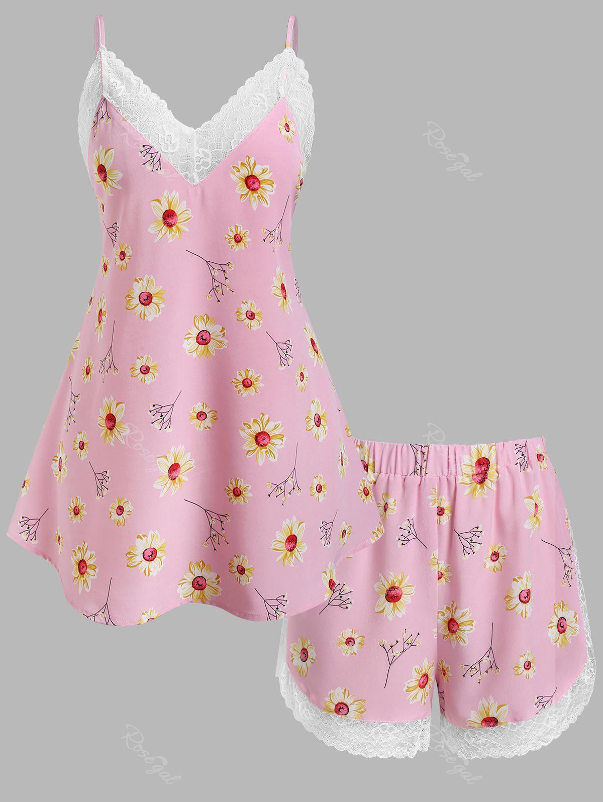 Sale Plus Size Floral Print Lace Panel Shorts Pajamas Set  