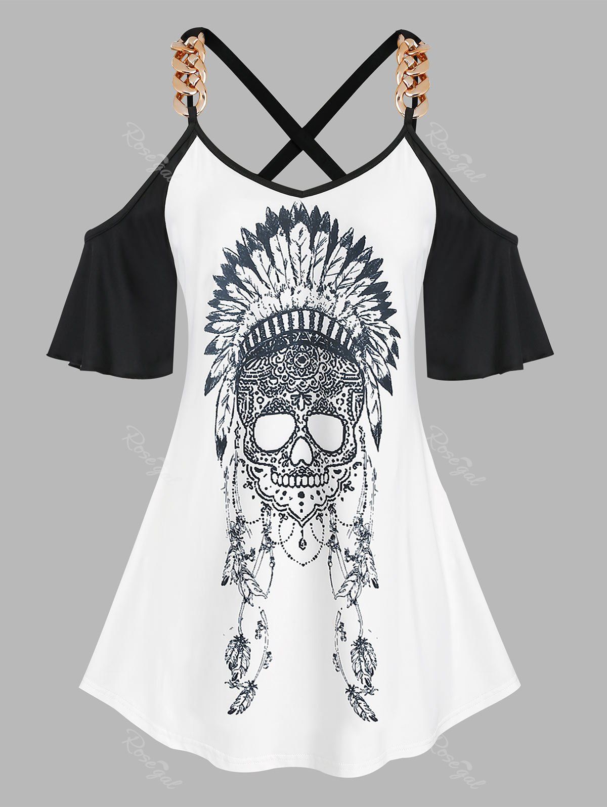 

Plus Size Crisscross Cold Shoulder Skull Print Tee, White