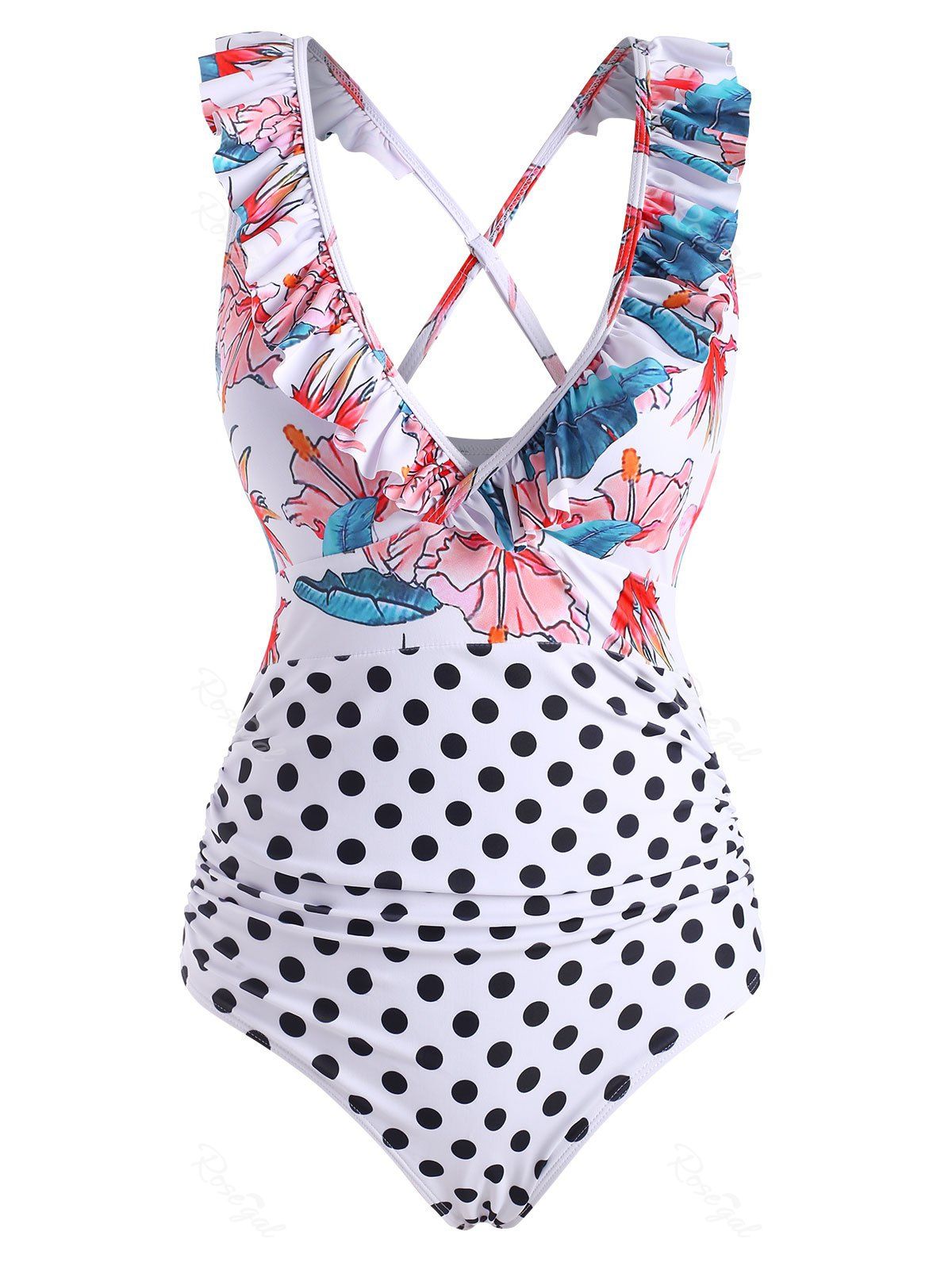 Shops Polka Dot Flower Ruffle Cross One-piece Swimsuit  