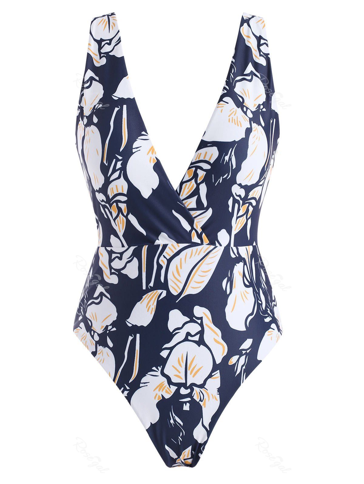 Store Flower Print Plunging Backless One-piece Swimsuit  