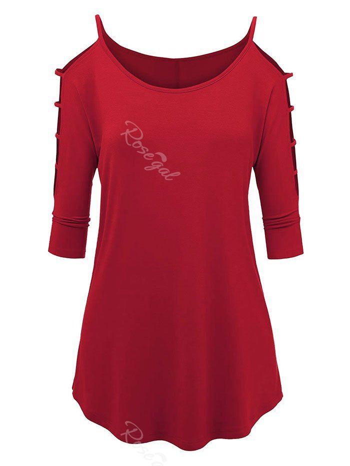T-shirt Tunique Découpé à Epaule Dénudée de Grande Taille Rouge 3X