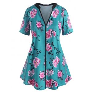 

Plus Size Flower Print V Notch Tunic Blouse, Deep green