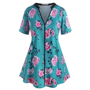 

Plus Size Flower Print V Notch Tunic Blouse, Deep green