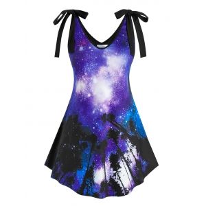 

Plus Size 3D Galaxy Print Bowknot Tank Top, Black