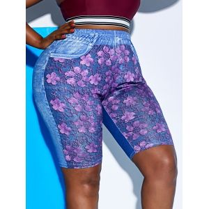 

Plus Size 3D Print Floral Bike Shorts, Blue