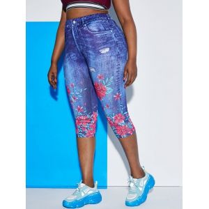

Plus Size Floral 3D Jean Pattern Capri Jeggings, Blue