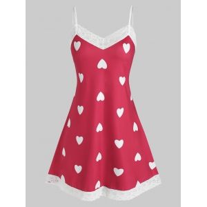 

Plus Size Heart Print Lace Trim Sleep Dress, Red