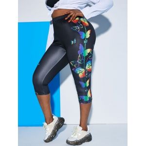 

Plus Size Colorful Butterfly Print Capri Leggings, Black