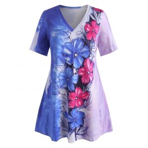 

Plus Size Tie Dye Flower Pattern Long Tunic Tee, Blue