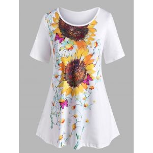 

Plus Size Sunflower Pattern Short Sleeve Casual Tee, White