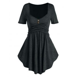 

Button Front Criss Cross Flare T Shirt, Dark gray